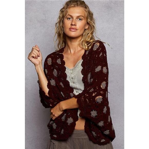 POL Openwork V-Neck Chenille Cardigan with Contrast Floral - Picture 1 of 5